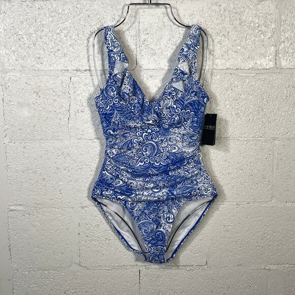 Ralph Lauren ARTISANAL WOODBLOCK Ruffled Tummy-Control Swimsuit US 8 - Picture 1 of 12